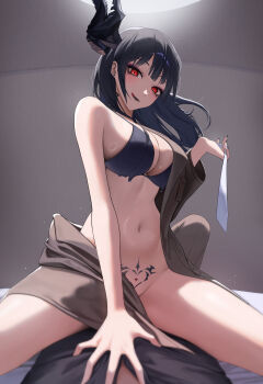 1boy 1girl absurdres assertive_female behemoth_(nikke) bikini bikini_top_only black_bikini black_eyeshadow black_hair black_horns black_lips black_liquid black_nails black_shirt blunt_bangs blush bottomless breasts brown_jumpsuit brown_pants cleavage commander_(nikke) commentary ear_piercing eyeshadow gani1127 girl_on_top goddess_of_victory:_nikke hand_on_another's_chest highres horns indoors jumpsuit large_breasts liquid_clothes long_hair looking_at_viewer makeup navel neck_tattoo necktie off_shoulder pants piercing pov pubic_tattoo red_eyes shirt sidelocks single_bare_shoulder stomach swimsuit tattoo tongue tongue_out white_necktie