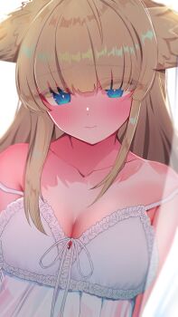 1girl absurdres alternate_costume arknights arknights:_endfield babydoll bare_shoulders blonde_hair blue_eyes blurry blush breasts bright_pupils cleavage closed_mouth collarbone commentary_request double_strap_slip embarrassed eyes_visible_through_hair frills highres long_hair looking_at_viewer medium_breasts partial_commentary perlica_(arknights) risu_if solo strap_slip upper_body white_pupils