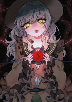 1girl black_hat blouse bow buttons diamond_button eyeball frilled_shirt_collar frilled_sleeves frills green_hair grey_hair hat hat_bow hat_ribbon heart highres koishi_day komeiji_koishi long_hair neon_(co2co8) open_mouth ribbon shirt smile teeth third_eye touhou upper_body upper_teeth_only yellow_shirt