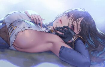 1girl black_gloves blue_hair blue_sleeves breasts detached_sleeves gloves goddess_of_victory:_nikke hair_between_eyes highres large_breasts lips long_hair looking_at_viewer love_cacao lying marian_(nikke) on_back parted_lips purple_eyes shirt sideboob solo torn_clothes torn_shirt upper_body white_shirt
