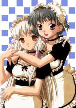 00s 2girls :d alternate_costume apron black_dress black_hair blonde_hair blush brown_eyes checkered_background chii chobits choker clamp dress frills hair_tubes hairband hug hug_from_behind long_hair looking_at_viewer maid maid_apron maid_headdress multiple_girls oomura_yumi open_mouth parted_lips short_hair short_sleeves simple_background smile teeth underbust upper_body very_long_hair