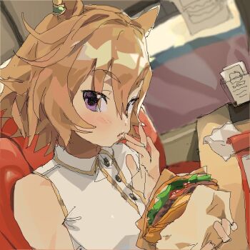 1girl animal_ear_piercing animal_ears bare_shoulders booth_seating brown_hair burger buttons chair collared_shirt dot_nose eating eyes_visible_through_hair food food_wrapper hair_between_eyes holding holding_food horse_ears horse_girl indoors light_blush lips looking_at_viewer menu on_chair parted_lips purple_eyes restaurant shirt short_hair sitting sleeveless sleeveless_shirt solo t.m._opera_o_(umamusume) teru_shimitsu tray umamusume upper_body white_shirt