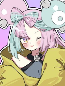 1girl blue_hair blush bow-shaped_hair character_hair_ornament commentary_request hair_ornament ino_climate iono_(pokemon) jacket long_hair long_sleeves multicolored_hair nintendo pink_background pink_eyes pink_hair pokemon pokemon_sv shirt sleeves_past_wrists solo tongue tongue_out two-tone_hair yellow_jacket