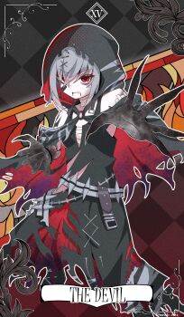 1girl bandaged_arm bandages bandaid bandaid_on_face black_dress black_hands black_hood colored_extremities commentary cracked_skin dress fingernails grey_hair hair_ornament hair_over_one_eye highres looking_at_viewer mahou_shoujo_no_majo_saiban mononobe_nekuro mosaic_pattern outstretched_arm red_eyes sharp_fingernails shito_alisa short_hair solo spoilers stained_glass tarot the_devil_(tarot) torn_clothes witch_(manosaba) x_hair_ornament