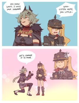 2girls ? anger_vein bibivanna black_helmet caesar_king_(zenless_zone_zero) combat_helmet english_text helmet highres jewelry kneeling loading_icon luciana_de_montefio marriage_proposal multiple_girls open_mouth pickelhaube ring speech_bubble surprised wedding_ring yuri zenless_zone_zero