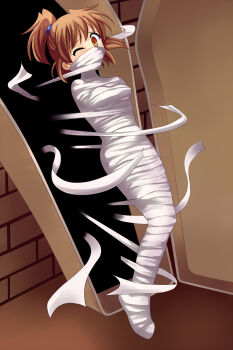 1girl arle_nadja asphyxiation bdsm bondage bound female_focus gag gagged highres madou_monogatari mummification ponytail puyopuyo solo sweetsprite