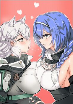 2girls absurdres blue_hair breast_press breasts dp-12_(girls'_frontline) girls'_frontline grey_hair highres huge_filesize kiss ksvk_(girls'_frontline) kumarang large_breasts long_hair mother_and_daughter multiple_girls saliva saliva_trail symmetrical_docking yuri