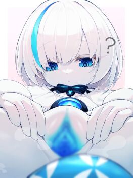 1girl ? azur_lane blue_eyes blue_hair blue_pussy blur_censor blurry censored chinese_commentary closed_mouth colored_pussy commentary_request depth_of_field highres kupa_(jesterwii) loli looking_down multicolored_hair paid_reward_available pussy short_hair siren_(azur_lane) solo speech_bubble spread_pussy spreading_own_pussy streaked_hair tb_(azur_lane) tb_(young)_(azur_lane) two-tone_hair variant_set white_hair