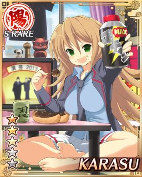 1girl 2013 barefoot black_coat black_necktie blue_shirt border breasts brown_hair card_(medium) character_name coat diagonal-striped_clothes diagonal-striped_necktie eating english_text food game_cg green_eyes indoors karasu_(senran_kagura) large_breasts long_hair looking_at_viewer necktie official_art open_clothes open_coat open_mouth pleated_skirt senran_kagura senran_kagura_new_wave shirt skindentation skirt smile solo striped_clothes table takoyaki toothpick white_skirt