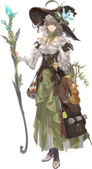 1girl absurdres bag corset cross cross-laced_clothes cross-laced_top ermine flats flavia_(sword_of_convallaria) green_eyes green_skirt grey_hair halterneck hat highres holding holding_staff medium_hair non-web_source official_art pack potion skirt solo squirrel staff sword_of_convallaria weasel witch_hat