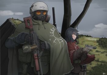 1boy 1girl absurdres ammunition_belt ammunition_box artist_logo black_gloves black_hair brown_jacket bulletproof_vest cliff combat_helmet commentary copyright_request english_commentary gas_mask gloves green_poncho grey_gloves grey_sky gun handgun helmet highres holding holding_gun holding_weapon holster jacket light_machine_gun logo machine_gun mask medium_hair open_mouth original outdoors pkm poncho pouch rain_poncho red_poncho sky srtdrawart tactical_clothes trigger_discipline weapon weapon_request yellow_eyes