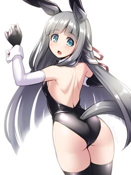 1girl animal_ear_hairband animal_ears aqua_eyes ass backless_leotard black_bow black_bowtie black_gloves black_leotard blunt_bangs bow bowtie chrono_genesis_(umamusume) collar commentary_request detached_collar fake_animal_ears from_behind gloves grey_hair hairband highres horse_ears horse_girl horse_tail leotard long_hair pataneet playboy_bunny rabbit_ears simple_background solo strapless strapless_leotard tail umamusume white_arm_warmers white_background wrist_cuffs