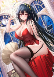 Rule 34 | 1girl, :q, ahoge, armpit crease, azur lane, bare arms, bare shoulders, black hair, breasts, brown thighhighs, choker, cleavage, closed mouth, cocktail dress, cup, dress, drinking glass, garter straps, hair ornament, halterneck, hand up, highres, holding, holding cup, large breasts, long hair, looking at viewer, no bra, no panties, official alternate costume, one side up, pouring, pouring onto self, red choker, red dress, red eyes, side slit, silveroid, sitting, skindentation, sleeveless, sleeveless dress, smile, solo, spaghetti strap, strap gap, taihou (azur lane), taihou (forbidden feast) (azur lane), thighhighs, thighs, tongue, tongue out, very long hair, wine glass