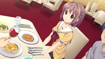10s 1girl brown_eyes brown_hair chair food game_cg highres kitami_minamo koutaro protagonist_(tropical_vacation) short_hair smile table tropical_kiss tropical_vacation twinkle_(company)