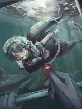 1girl air_bubble black_hair black_sleeves blush breasts bubble candy commentary_request diving ellen_joe fins fish_tail food frilled_wristband grey_pantyhose hair_ornament highres holding holding_candy holding_food kazu_kimi_s large_breasts lollipop maid maid_headdress multicolored_hair ocean pantyhose pov pov_hands puffy_short_sleeves puffy_sleeves red_eyes shark shark_girl shark_tail sharp_teeth short_hair short_sleeves solo swimming tail teeth two-tone_hair zenless_zone_zero
