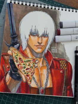 1boy 2025 art_tools_in_frame black_gloves blue_eyes closed_mouth coat collarbone commentary dante_(devil_may_cry) devil_may_cry devil_may_cry_(series) devil_may_cry_3 fingerless_gloves food gloves hair_between_eyes high_collar highres holding holding_food holding_pizza jewelry looking_at_viewer male_focus marker marker_(medium) maya_panda muscular muscular_male necklace open_clothes open_coat pectorals photo_(medium) pizza pizza_slice red_coat signature smile solo sword sword_on_back symbol-only_commentary traditional_media upper_body weapon weapon_on_back white_hair zipper