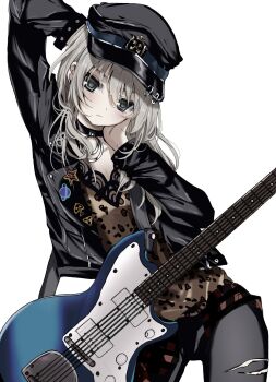 1girl arm_behind_head arm_up black_choker black_hat black_jacket black_pants blonde_hair blush brown_shirt choker closed_mouth cowboy_shot dutch_angle eyebrows_hidden_by_hair eyelashes frown girls_band_cry grey_eyes guitar hair_between_eyes hand_on_own_cheek hand_on_own_face hand_up hat head_tilt highres instrument jacket kasukasugom1 kawaragi_momoka long_hair long_sleeves looking_at_viewer open_clothes open_jacket pants peaked_cap shirt simple_background solo torn_clothes torn_pants white_background