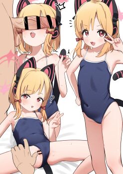 1boy 1girl :3 :d ? ^^^ absurdres animal_ear_headphones animal_ears bar_censor blonde_hair blue_archive blue_one-piece_swimsuit blush bow cat_ears cat_tail censored clothing_aside commentary_request competition_school_swimsuit covered_navel fake_animal_ears flat_chest hair_bow hand_up headphones highres loli looking_at_viewer low-tied_sidelocks lying momoi_(blue_archive) multiple_views on_back on_bed one-piece_swimsuit open_mouth penis penis_awe penis_on_face penis_over_eyes pink_eyes pussy red_bow school_swimsuit sidelocks simple_background smile spread_pussy standing sweat swimsuit swimsuit_aside tail testicles v v-shaped_eyebrows white_background yonketa