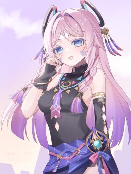 1girl asymmetrical_gloves bare_shoulders black_gloves black_leotard blue_eyes breasts citlali_(genshin_impact) commentary commentary_request english_commentary facial_mark genshin_impact gloves hair_intakes hair_ornament highres kino_(curry_pan) leotard medium_breasts mixed-language_commentary open_mouth partial_commentary purple_sarong purple_sky revision sarong sky solo triangle triangle_facial_mark upper_body