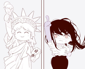 1girl :3 arm_up cardigan chainsaw_man chibi chibi_only deer60868637 elbow_gloves facial_scar gloves long_hair monochrome pants pointing pointing_up ringed_eyes scar scar_on_cheek scar_on_face scar_on_nose shirt_tucked_in solo statue_of_liberty torn_clothes torn_sleeves yoru_(chainsaw_man)