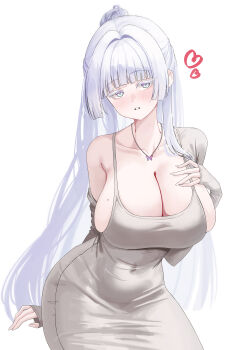 1girl absurdres black_gloves blue_eyes blush breasts commentary dongtan_dress dress fingerless_gloves gloves goddess_of_victory:_nikke grey_dress highres huge_breasts jewelry large_breasts long_hair looking_at_viewer nayuta_(nikke) necklace parted_lips ponytail simple_background solo sxrxri_a very_long_hair white_background white_hair