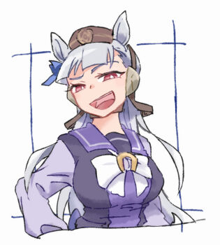 1girl :d animal_ears beer_hsk bow breasts brown_hat commentary_request cropped_torso ear_covers gold_ship_(umamusume) grey_background grey_hair hat horse_ears large_breasts long_hair long_sleeves mini_hat open_mouth puffy_long_sleeves puffy_sleeves purple_shirt red_eyes school_uniform shirt simple_background smile solo tracen_school_uniform umamusume upper_body very_long_hair white_bow