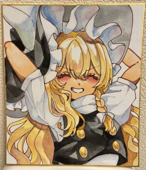 Rule 34 | 1girl, :d, ^ ^, absurdres, arms up, black hat, black vest, blonde hair, bow, braid, closed eyes, commentary request, facing viewer, grin, hair bow, hat, highres, kirisame marisa, long hair, marker (medium), open mouth, puffy short sleeves, puffy sleeves, shikishi, shirt, short sleeves, side braid, single braid, smile, solo, touhou, traditional media, uchisaki himari, upper body, v-shaped eyebrows, vest, white bow, white shirt