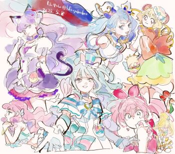 6+girls animal_ears back_bow blonde_hair blue_hair bow bracelet bubble_skirt cat_ears cat_girl cat_tail choker cure_macaron cure_melody cure_nyammy cure_peace cure_sky cure_yum-yum delicious_party_precure dress elbow_gloves fins gloves hair_bow hair_ornament hanamichi_ran hat hayashi_(kanzume) head_fins hirogaru_sky!_precure houjou_hibiki in-franchise_crossover jewelry kirakira_precure_a_la_mode kise_yayoi kotozume_yukari laura_la_mer long_hair looking_at_viewer magical_girl mermaid miniskirt monster_girl multiple_girls nekoyashiki_mayu pink_hair precure purple_eyes purple_hair side_ponytail simple_background sketch skirt smile smile_precure! sora_harewataru suite_precure tail tropical-rouge!_precure twintails wavy_hair white_background wing_hair_ornament wonderful_precure!