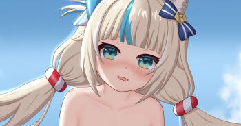 Rule 34 | 1girl, azunyart, blonde hair, blue eyes, blue sky, blue streaks, blush, bow, cloud, collarbone, commentary, day, dot nose, fang, hair ornament, highres, indie virtual youtuber, long hair, looking at viewer, low twintails, multicolored hair, nude, open mouth, outdoors, paid reward available, portrait, sameko saba, sky, solo, streaked hair, twintails, two-tone hair, virtual youtuber