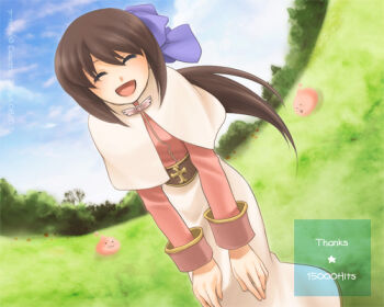 1girl :3 :d acolyte_(ragnarok_online) blue_sky blush bow brown_hair capelet celestial_s closed_eyes commentary_request day fisheye hair_bow leaning_forward long_hair long_sleeves lowres milestone_celebration open_mouth outdoors pink_shirt poring purple_bow ragnarok_online shirt skirt sky slime_(creature) smile solo tree white_capelet white_skirt