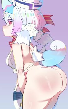 1girl apron ass blue_background blue_hair blush bow bowtie cowboy_shot from_behind from_side genshin_impact gradient_background gradient_hair hair_ornament hat horns kurosu169 kyojiri_loli leaning_forward loli looking_at_viewer looking_back low_twintails multicolored_hair naked_apron parted_lips pink_eyes pink_hair purple_background purple_hair red_bow red_bowtie red_eyes sailor_hat short_hair short_twintails sideways_glance sigewinne_(genshin_impact) simple_background solo tail thighs twintails white_apron white_hair