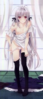 1boy absurdres alternate_eye_color alternate_hair_color androgynous apron bare_shoulders black_legwear collarbone crossdressing crossdressing_(mtf) curtains dress full_body grey_hair groin highres leaning_forward long_hair maid_headdress male_focus nearly_naked_apron nipples panties panty_pull red_eyes sakurakouji_saika solo standing suzuhira_hiro sweatdrop topless_male trap tsuki_ni_yorisou_otome_no_sahou tsuki_ni_yorisou_otome_no_sahou_2 underwear undressing unworn_dress very_long_hair wavy_mouth white_panties window
