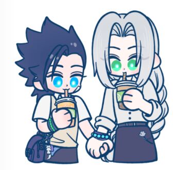 105zz 2boys bag bandaid bandaid_on_cheek bandaid_on_face bead_bracelet beads black_pants blue_eyes bracelet braid collarbone cowboy_shot cropped_legs cup disposable_coffee_cup disposable_cup drinking final_fantasy final_fantasy_vii green_eyes grey_hair hair_slicked_back holding holding_cup holding_hands jewelry light_blush long_hair male_focus medium_hair moogle multiple_boys pants parted_bangs sephiroth shoulder_bag single_braid vest white_background yaoi zack_fair