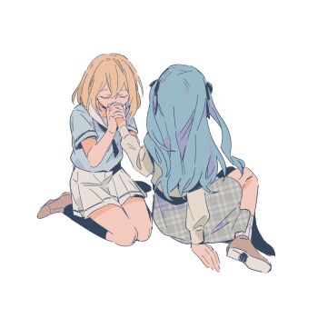 2girls bang_dream! bang_dream!_it&#039;s_mygo!!!!! black_socks blonde_hair blue_hair blue_shirt closed_eyes commentary dopperu_ben grey_skirt hair_between_eyes hair_ribbon hanasakigawa_school_uniform hashtag-only_commentary highres holding_hands kneehighs long_hair long_sleeves misumi_uika multiple_girls plaid_clothes plaid_skirt ribbon school_uniform serafuku shirt short_sleeves simple_background sitting skirt socks togawa_sakiko unmoving_pattern wariza white_background white_skirt yuri