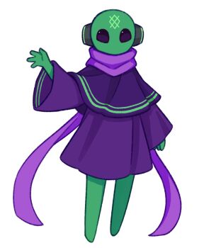 1boy barefoot black_eyes colored_skin facial_mark forehead_mark green_skin iterator_(rain_world) male_focus nanachishiro no_humans no_mouth no_nose no_significant_harassment purple_poncho purple_robe purple_scarf rain_world robe robot robot_ears scarf white_background