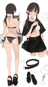 ... 1girl ama_mitsuki ass belt bikini black_bikini black_sandals black_shirt black_skirt bra breasts clothing_cutout cropped_legs cross cross_necklace cup disposable_cup full_body highres holding holding_cup jewelry long_hair median_furrow miniskirt multiple_views necklace original platform_sandals sandals shirt shoulder_cutout simple_background skirt small_breasts spoken_ellipsis swimsuit twintails underwear white_background white_bra