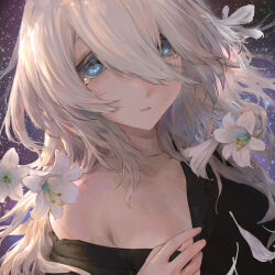 Rule 34 | 1girl, black shirt, blue eyes, close-up, commentary request, flat chest, flower, hair between eyes, highres, io (io oekaki), lily (flower), long hair, looking at viewer, off shoulder, official art, original, parted lips, shirt, single bare shoulder, sky, solo, star (sky), starry sky, tearing up, white flower, white hair