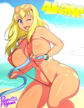 Rule 34 | 1girl, agawa ryou, artist name, beach, bikini, blonde hair, blue eyes, borrowed character, breasts, character name, dark skin, dark-skinned female, female focus, hose, large breasts, lifeguard, long hair, one eye closed, orange-tinted glasses, original, slingshot swimsuit, smile, solo, strap gap, sunglasses, sunglasses on head, swimsuit, whistle, wink