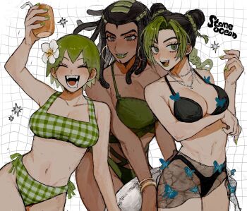 3girls bikini black_hair braid braided_ponytail closed_eyes dark_skin double_bun dreadlocks earrings ermes_costello flower foo_fighters_(jojo) green_eyes green_hair green_lips green_nails grey_eyes hair_bun hair_flower hair_ornament highres hoop_earrings jewelry jojo_no_kimyou_na_bouken kuujou_jolyne looking_at_viewer multicolored_hair multiple_girls nail_polish necklace neg_50asu open_mouth smile stone_ocean swimsuit