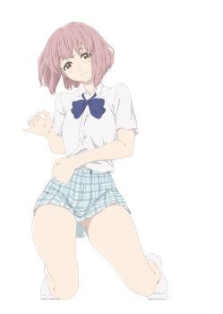 Rule 34 | 1girl, ankle socks, blue bow, blue bowtie, blue skirt, bob cut, bow, bowtie, brown eyes, dress shirt, earrings, full body, gluteal fold, highres, jewelry, koe no katachi, kyoto animation, light blush, looking at viewer, medium hair, nishimiya shouko, pink hair, plaid clothes, plaid skirt, pleated skirt, shirt, skirt, socks, solo, tanaka29556626, tareme, white background