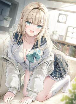 1girl all_fours black_skirt blonde_hair blue_eyes blue_sailor_collar bow bowtie breasts buttons cleavage collarbone commentary_request couch crop_top hairband indoors jacket large_breasts long_hair looking_at_viewer midriff miniskirt no_shoes novel_illustration off_shoulder official_art on_couch open_clothes open_jacket open_mouth original partially_unbuttoned plaid_clothes plaid_skirt pleated_skirt sailor_collar school_uniform shirt skirt smile socks solo thighs tomoo_(tomo) white_jacket white_shirt white_socks