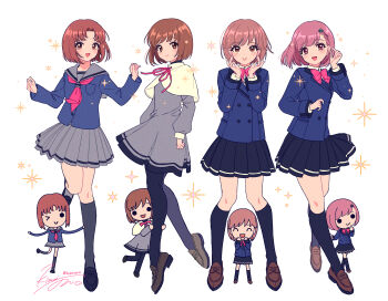 4girls black_pantyhose black_shoes black_skirt black_socks blue_jacket bow bowtie brown_eyes brown_hair brown_shoes capelet chibi closed_mouth commentary dress full_body grey_dress grey_sailor_collar grey_skirt grey_socks habataki_academy_school_uniform hair_ornament hairclip hand_in_own_hair hanegasaki_academy_school_uniform highres jacket kisumi_rei loafers multiple_girls neck_ribbon necktie open_mouth pantyhose parted_lips pink_eyes pink_hair pleated_skirt protagonist_(tokimemo_gs) protagonist_(tokimemo_gs2) protagonist_(tokimemo_gs3) protagonist_(tokimemo_gs4) red_bow red_bowtie red_necktie red_ribbon ribbon sailor_collar school_uniform shoes short_hair signature skirt smile socks sparkle swept_bangs tokimeki_memorial tokimeki_memorial_girl&#039;s_side tokimeki_memorial_girl&#039;s_side_1st_love tokimeki_memorial_girl&#039;s_side_2nd_kiss tokimeki_memorial_girl&#039;s_side_3rd_story tokimeki_memorial_girl&#039;s_side_4th_heart twitter_username white_background white_capelet