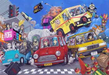 6+boys 6+girls a.i._voice aku_aku allial_(coefont) alternate_costume alternate_hair_length alternate_hairstyle arrow_(symbol) black_eyes black_hair black_jacket black_shirt blank_eyes bleachers blue_hair blue_hairband blue_pants blue_sky briefcase brown_hair cameo car cevio character_request choro-q cigarette coefont commentary_request covered_wagon crash_bandicoot crash_bandicoot_(series) crossover crowd crunch_bandicoot day denim dingodile driving dust_cloud explosion facial_hair fingerless_gloves finish_line flag food food_truck fruit furry furry_male galaco giving_up_the_ghost glasses gloves goatee green_eyes green_hair green_hairband grey_hair grey_skirt grin hair_slicked_back hairband hanakuma_chifuyu headgear headset hello_kitty hello_kitty_(character) highres holding holding_flag ice_cream_cone jacket jeans kizuna_akari kotonoha_akane kotonoha_aoi kyoumachi_seika leather leather_jacket long_hair long_skirt midair millial_(coefont) motor_vehicle mouth_hold multiple_boys multiple_crossover multiple_girls n.gin neo_cortex nisaka_(style) one_side_up outdoors pants parody pink_hair racing sabuivo sanrio shirt short_hair shrugging skirt sky smile smoking spare_tire squeans steering_wheel style_parody suzuki_tsudumi synthesizer_v the_tousou_highway tiny_tiger touhoku_kiritan touhoku_zunko traffic_cone unused_tire vocaloid voiceroid wavy_mouth white_eyes white_hair wooden_box