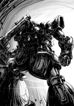 absurdres bazooka_(gundam) commentary_request dom_(mobile_suit) emblem gundam highres machinery mecha mecha_focus military mobile_suit mobile_suit_gundam monochrome no_humans one-eyed robot roundel science_fiction weapon zandan_zero_to_na!? zeon