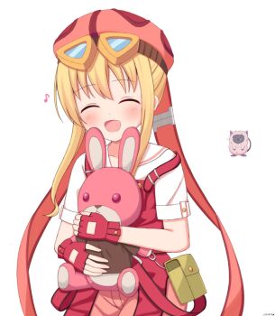 1girl blonde_hair cassis_(orleans13x) commentary_request eiyuu_densetsu goggles goggles_on_head highres holding holding_stuffed_toy overalls pink_shorts red_overalls sen_no_kiseki_(series) shorts simple_background smile sora_no_kiseki stuffed_animal stuffed_toy tita_russell tools