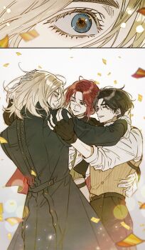 Rule 34 | 1girl, 2boys, absurdres, black coat, black hair, black pants, blonde hair, blue eyes, carlo (lies of p), coat, commentary request, confetti, eyelashes, guragamja, highres, hug, korean commentary, lea florence monad, lies of p, lies of p: overture, loose hair strand, multiple boys, pants, red hair, romeo (lies of p), smile, standing, white background, wide-eyed