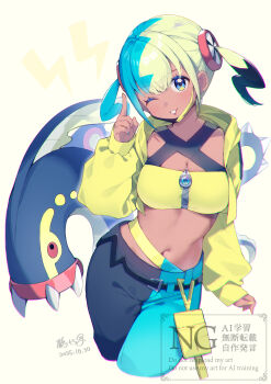 1girl absurdres bandeau belt black_belt blue_eyes breasts canari_(pokemon) commentary dated eelektross eyelashes gen_5_pokemon grin hand_up head_tilt highres hood hood_down hooded_jacket index_finger_raised jacket long_sleeves medium_breasts midriff mochiko_tsuru multicolored_hair navel nintendo open_clothes open_jacket pants pokemon pokemon_(creature) pokemon_legends:_z-a smile teeth twintails watermark yellow_bandeau yellow_jacket zipper zipper_pull_tab