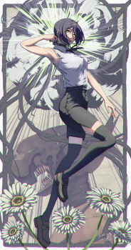 1girl arm_up armpits black_choker black_hair black_ribbon black_shoes black_shorts black_thighhighs bomb_devil_(chainsaw_man) chainsaw_man choker collared_shirt explosion explosion_background flower full_body green_eyes highres loafers neck_ribbon reze_(chainsaw_man) ribbon shirt shirt_tucked_in shoes shorts sleeveless sleeveless_shirt sn2k solo thighhighs white_flower white_shirt