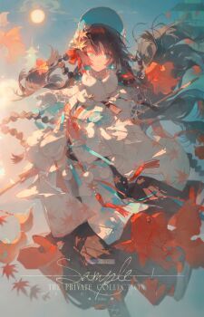 Rule 34 | 1girl, absurdres, animal, artist name, blue hat, blue ribbon, blue sky, brown hair, coat, day, feifei fei se, fish, floating hair, gem, goldfish, hair intakes, hair ornament, hat, highres, leaf, long hair, long sleeves, looking to the side, maple leaf, original, outdoors, pearl (gemstone), ribbon, sample watermark, sidelocks, sky, solo, standing, sun, sunlight, very long hair, watermark, white coat