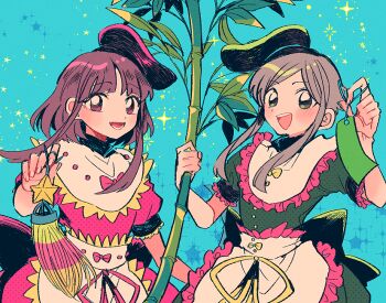 apron black_hat blue_background bow commentary_request cropped_torso dress fingernails frills green_background green_dress green_eyes grey_hair hand_up hat itomugi-kun looking_at_viewer nishida_satono open_mouth parted_bangs pink_bow pink_dress pink_hair puffy_short_sleeves puffy_sleeves purple_eyes ribbon short_hair_with_long_locks short_sleeves sidelocks smile standing teeth teireida_mai touhou upper_teeth_only white_apron yellow_bow